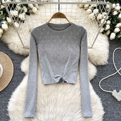 Basics Letter Rhinestone O-deck Hotsweet Vintage Chic Long Sleeves Slim Top Office Lady High Street Пролет Есен Дамски тениски