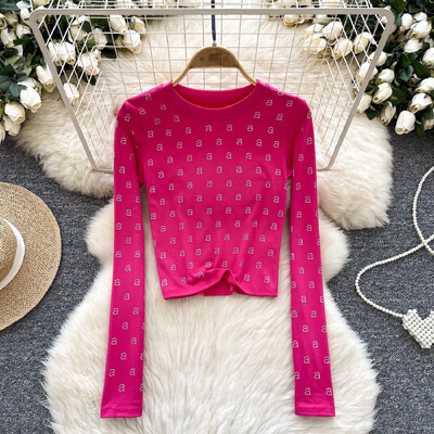 Basics Letter Rhinestone O-deck Hotsweet Vintage Chic Long Sleeves Slim Top Office Lady High Street Пролет Есен Дамски тениски