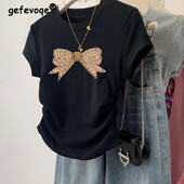 Sievietēm moderns, izliekts bantīšu apdruka, jauks, salds, elegants T-krekls ar īsām piedurknēm vasaras brīvdienām, slaidi kokvilnas pamata topi Ropa Para Mujer