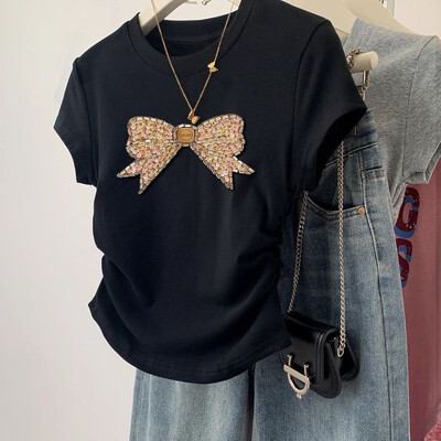 Sievietēm moderns, izliekts bantīšu apdruka, jauks, salds, elegants T-krekls ar īsām piedurknēm vasaras brīvdienām, slaidi kokvilnas pamata topi Ropa Para Mujer