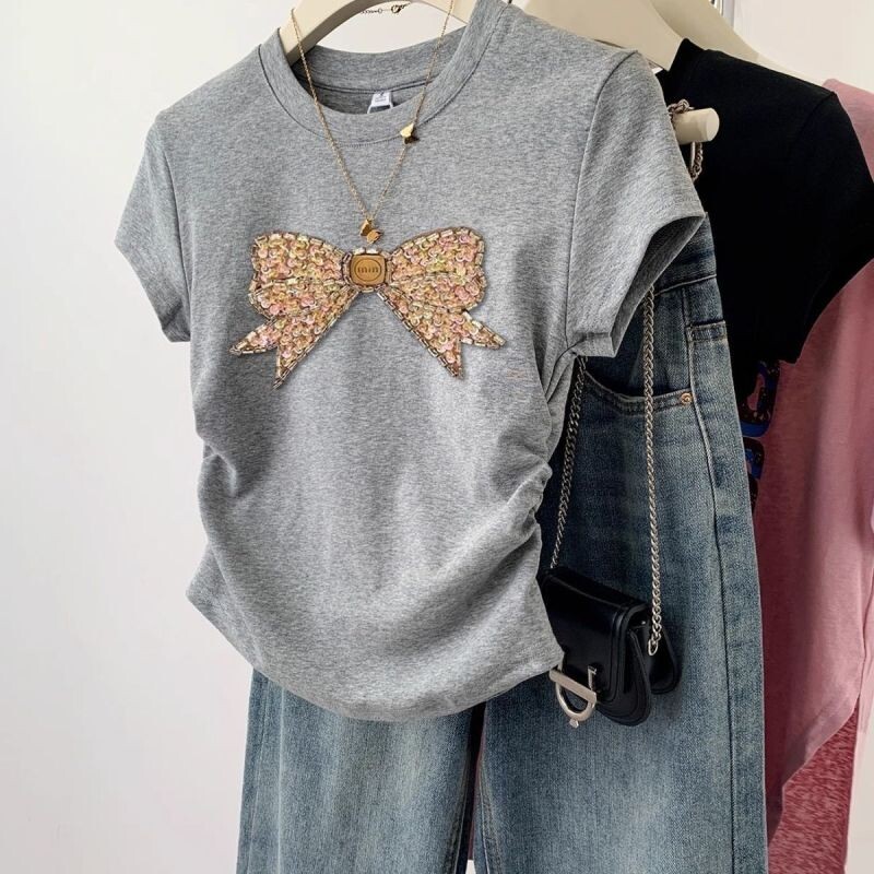 Sievietēm moderns, izliekts bantīšu apdruka, jauks, salds, elegants T-krekls ar īsām piedurknēm vasaras brīvdienām, slaidi kokvilnas pamata topi Ropa Para Mujer