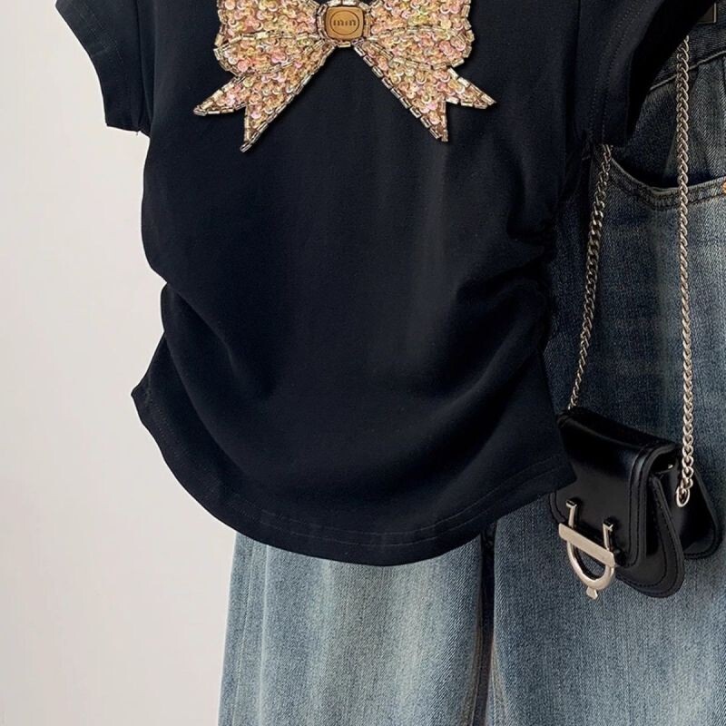 Sievietēm moderns, izliekts bantīšu apdruka, jauks, salds, elegants T-krekls ar īsām piedurknēm vasaras brīvdienām, slaidi kokvilnas pamata topi Ropa Para Mujer