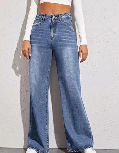 Slouchy Jeans Sieviešu džinsi ar augstu vidukli, zili džinsi sievietēm, mazgāti ar rāvējslēdzēju, līdz potītei, džinsa bikses, taisnas kājas Sieviešu ikdienas džinsi