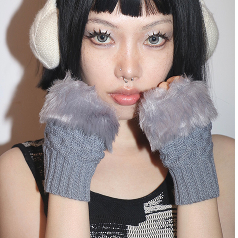 1 чифта плетени ръкавици с изкуствена заешка кожа Зимни топли ръкавици без пръсти Топли ръкавици без пръсти Топли ръкавици за ръце