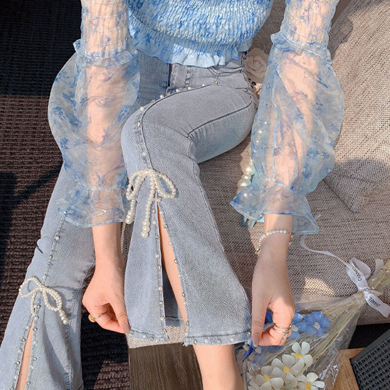 Moodsad lõhestatud teksapüksid naiste korea stiilis kõrge vöökohaga küünepärlitega sinised lainelised teksad naistele 2023. aasta suvised elegantsed püksid