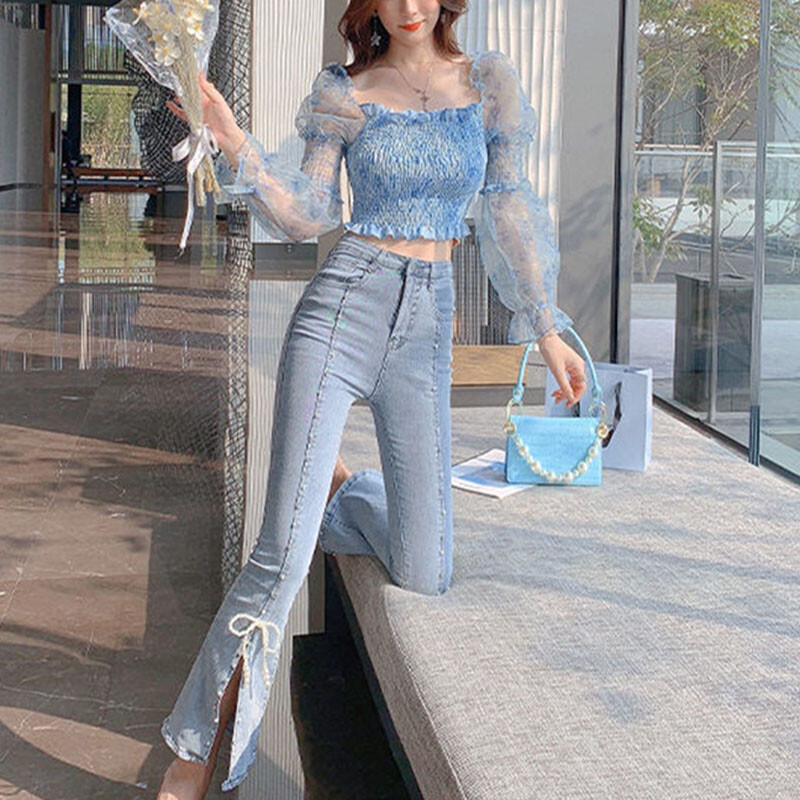 Moodsad lõhestatud teksapüksid naiste korea stiilis kõrge vöökohaga küünepärlitega sinised lainelised teksad naistele 2023. aasta suvised elegantsed püksid