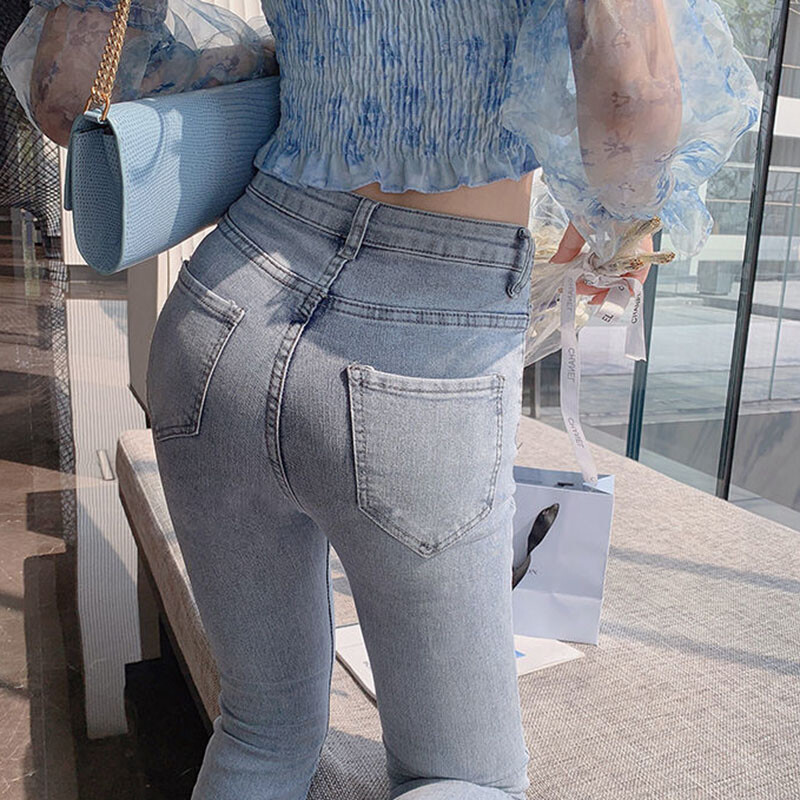 Moodsad lõhestatud teksapüksid naiste korea stiilis kõrge vöökohaga küünepärlitega sinised lainelised teksad naistele 2023. aasta suvised elegantsed püksid