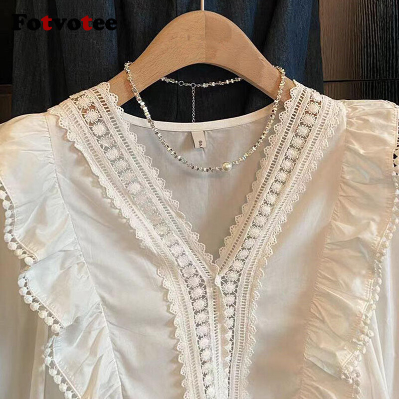 FOTVOTEE krekli sievietēm, 2024. gada vasara, jauni volāni, neregulāri, garām piedurknēm, ikdienas topi ar V veida kakla izgriezumu, masīva sieviešu modes blūze