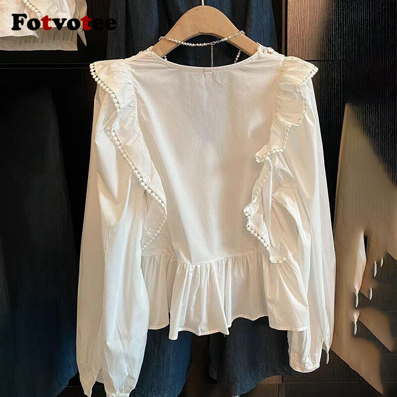 FOTVOTEE krekli sievietēm, 2024. gada vasara, jauni volāni, neregulāri, garām piedurknēm, ikdienas topi ar V veida kakla izgriezumu, masīva sieviešu modes blūze
