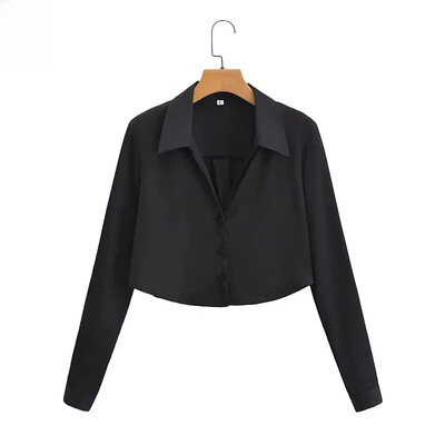 2023 лято Нова дамска копринена изрязана риза с дълъг ръкав Европейски американски стил Модна дамска блуза 1530