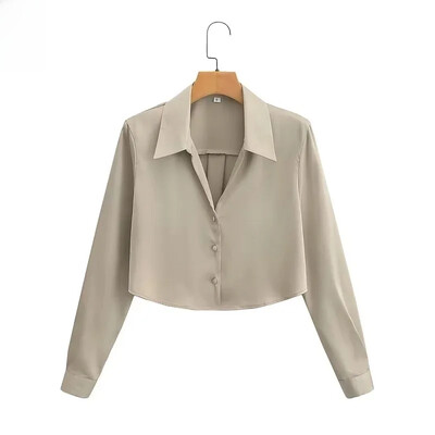 2023 лято Нова дамска копринена изрязана риза с дълъг ръкав Европейски американски стил Модна дамска блуза 1530