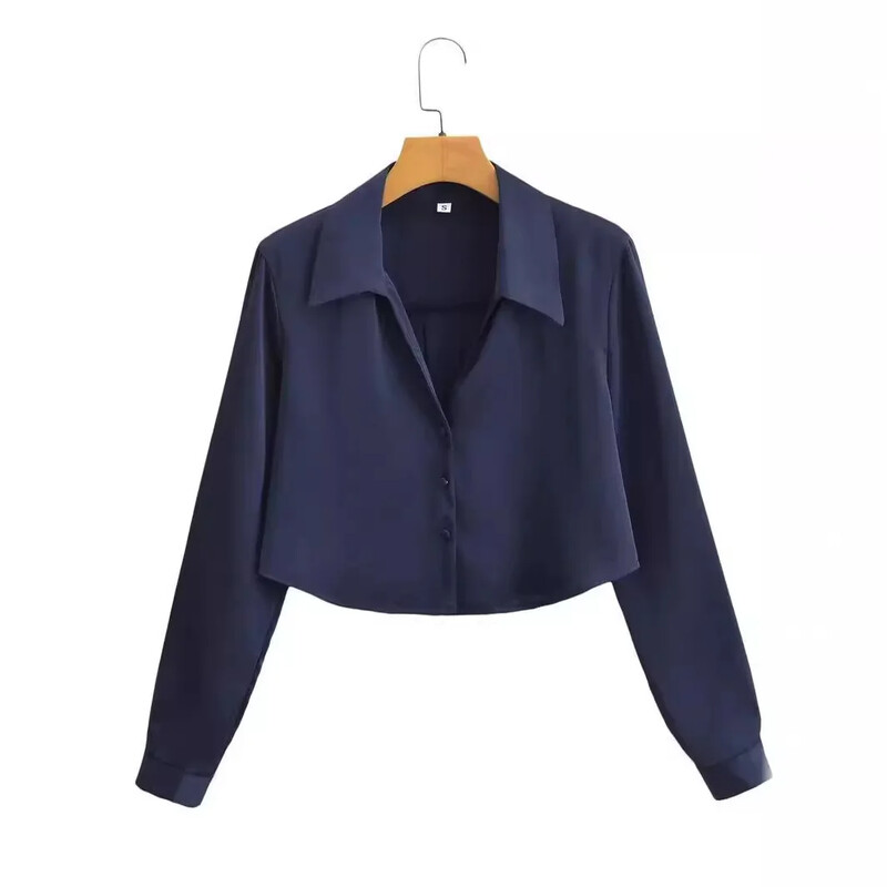 2023 лято Нова дамска копринена изрязана риза с дълъг ръкав Европейски американски стил Модна дамска блуза 1530