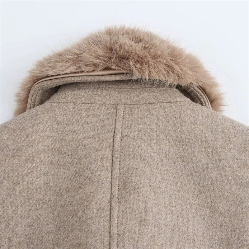 ZBZA sieviešu biezs, silts mežģīņu mētelis virsdrēbes Mākslīgās kažokādas atloks ar garām piedurknēm ar vienrindu ielāpu kabatas mētelis rudens ziemas jauns šiks mētelis