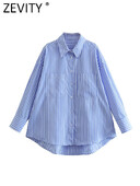 Zevity naiste mood valge, sinise triibulise trükiga lahtine särk Kontori daami kahekordse taskuga plaaster Smock pluus Roupas šikk tops LS3468