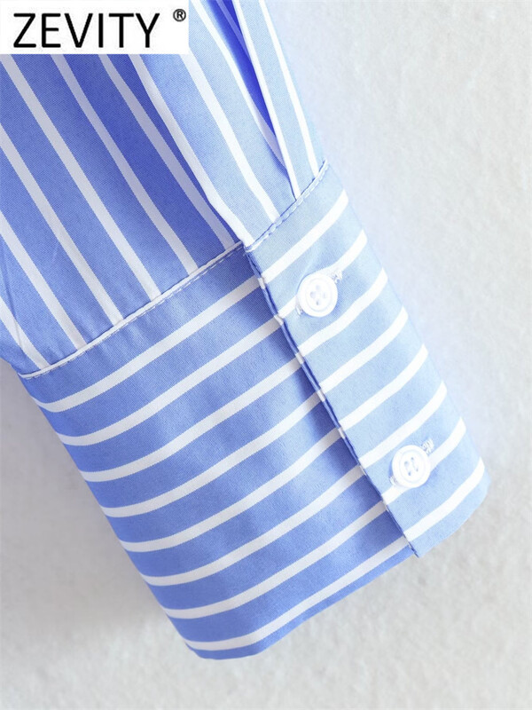Zevity naiste mood valge, sinise triibulise trükiga lahtine särk Kontori daami kahekordse taskuga plaaster Smock pluus Roupas šikk tops LS3468