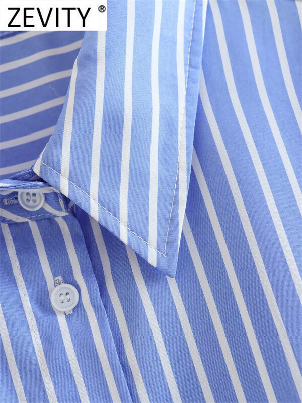 Zevity naiste mood valge, sinise triibulise trükiga lahtine särk Kontori daami kahekordse taskuga plaaster Smock pluus Roupas šikk tops LS3468