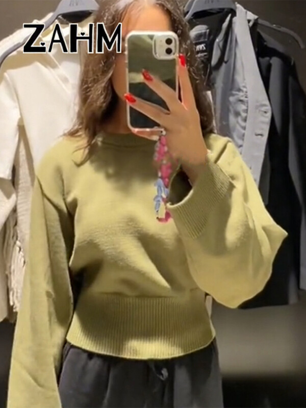 Soliidne kootud Crop kampsun naiste õhuke O-kaelusega pikkade varrukatega naiste lühike sviiter 2025 Spring Lady Sobivad kudumid