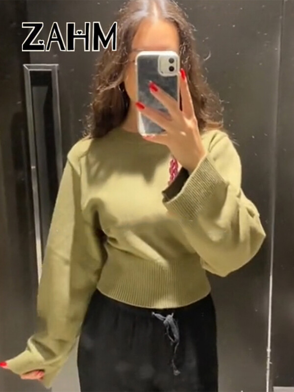 Soliidne kootud Crop kampsun naiste õhuke O-kaelusega pikkade varrukatega naiste lühike sviiter 2025 Spring Lady Sobivad kudumid