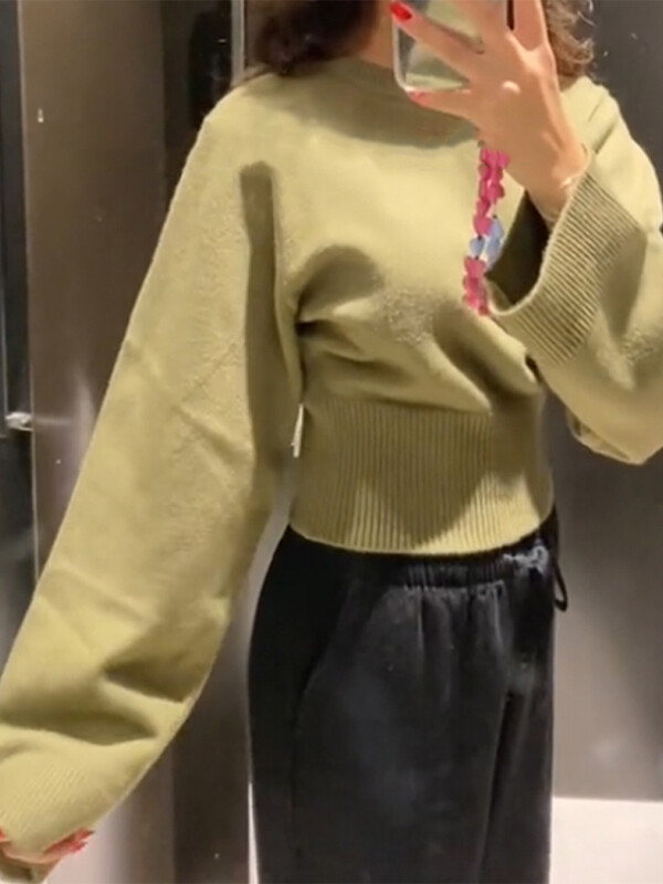 Soliidne kootud Crop kampsun naiste õhuke O-kaelusega pikkade varrukatega naiste lühike sviiter 2025 Spring Lady Sobivad kudumid