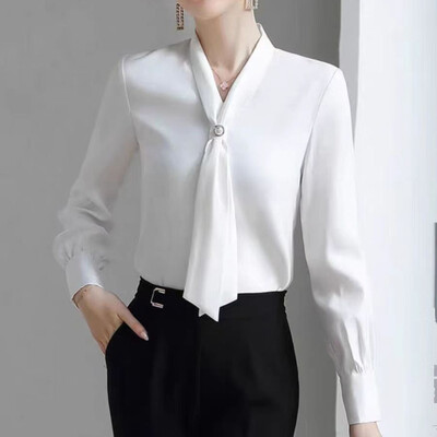 Sieviešu pavasara rudens stila blūzes krekli Sieviešu ikdienas apģērbs ar garām piedurknēm tauriņsaiti Apkakle Blusas Topi Biroja dāmu krekls Sieviešu drēbes Top