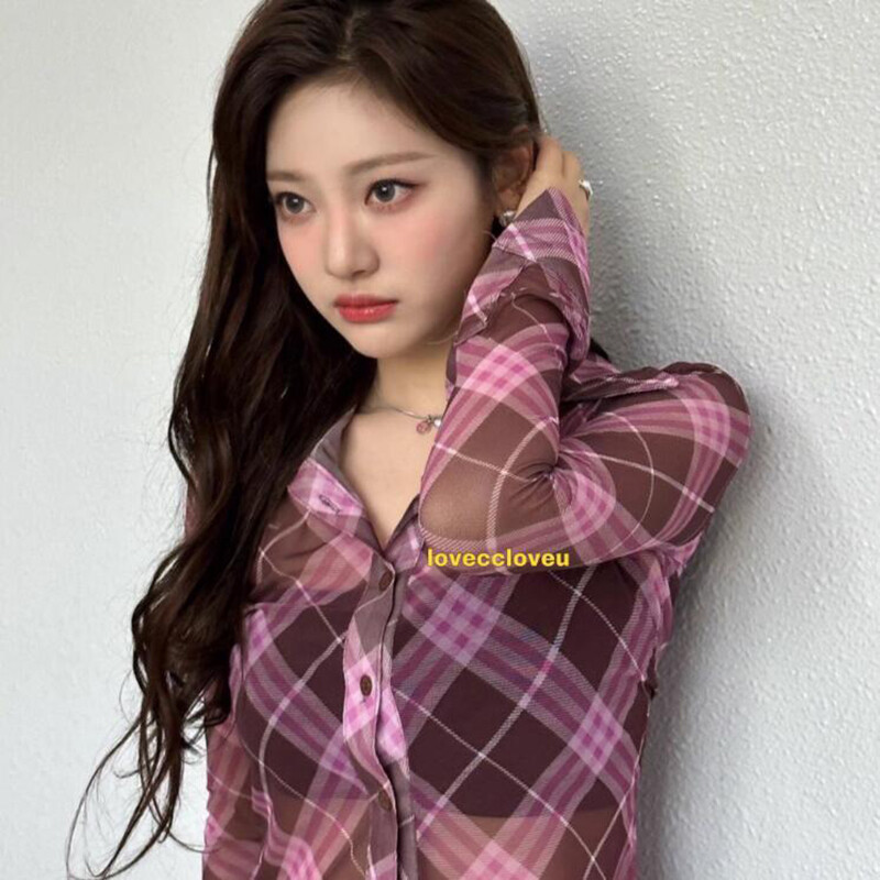 Harajuku apgriezti rūtaini krekli Sieviešu Y2K 2000S Sexy tīklveida caurspīdīgas blūzes ar garām piedurknēm Vasaras ielas apģērbs Korejiešu caurspīdīgi topi