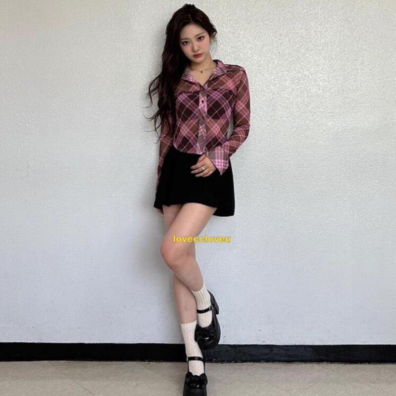 Harajuku apgriezti rūtaini krekli Sieviešu Y2K 2000S Sexy tīklveida caurspīdīgas blūzes ar garām piedurknēm Vasaras ielas apģērbs Korejiešu caurspīdīgi topi