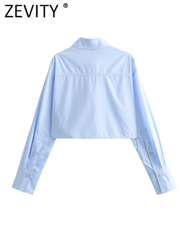 Zevity naiste mood 4 värvi klapitaskud Lühike Smock Pluus Kontori naiste pikkade varrukatega särk Chic Chemise Crop Blusas Topid LS5801