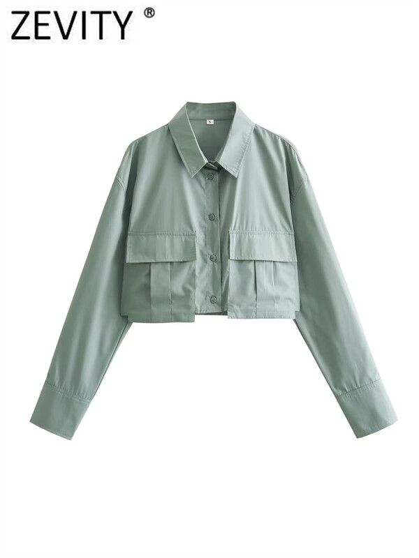 Zevity naiste mood 4 värvi klapitaskud Lühike Smock Pluus Kontori naiste pikkade varrukatega särk Chic Chemise Crop Blusas Topid LS5801