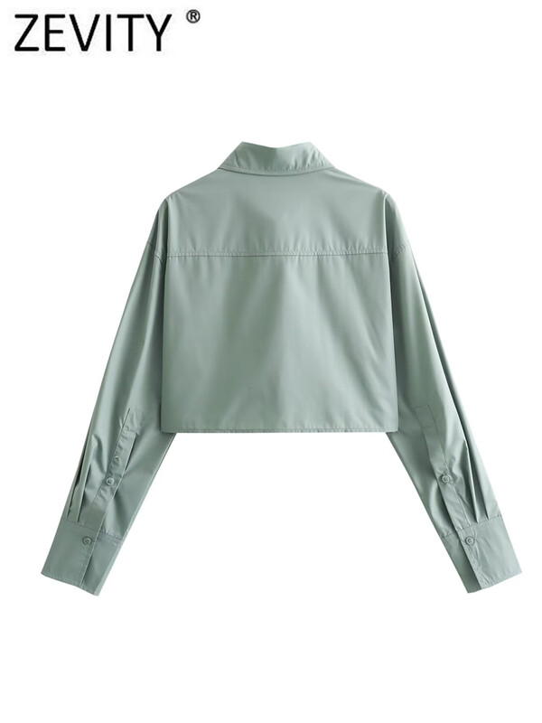 Zevity naiste mood 4 värvi klapitaskud Lühike Smock Pluus Kontori naiste pikkade varrukatega särk Chic Chemise Crop Blusas Topid LS5801