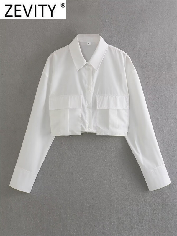 Zevity naiste mood 4 värvi klapitaskud Lühike Smock Pluus Kontori naiste pikkade varrukatega särk Chic Chemise Crop Blusas Topid LS5801