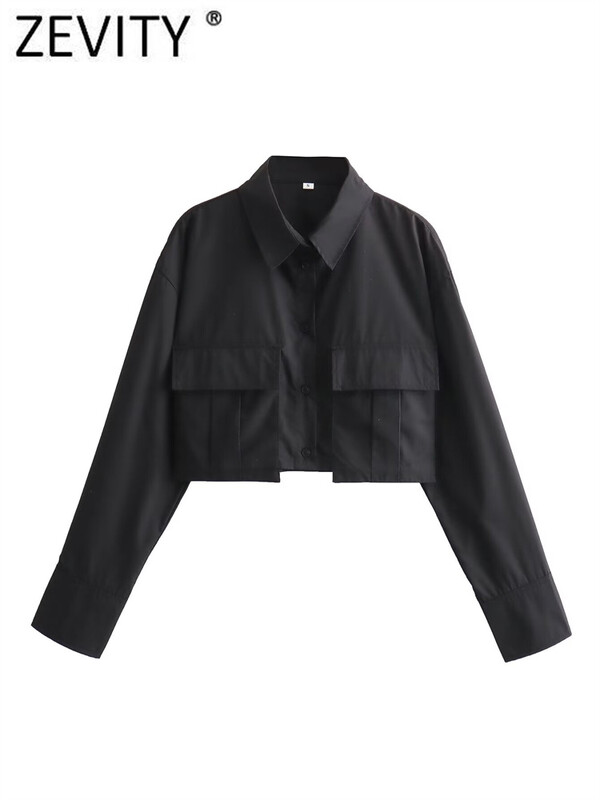 Zevity naiste mood 4 värvi klapitaskud Lühike Smock Pluus Kontori naiste pikkade varrukatega särk Chic Chemise Crop Blusas Topid LS5801