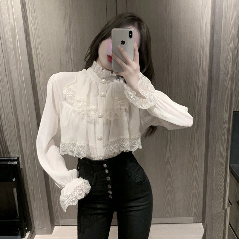 2023. aasta trendikas valge pluus Naiste pluusid kaelusega šifoonsärgid Vintage pikkade varrukatega volangidega pitspluusid, topsid