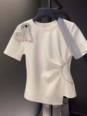 Salda vasara Jauni T-krekli Sieviešu raibs krokas Asimetrisks Crew Kakls Dobs Dimanti Plāni topi ar īsām piedurknēm