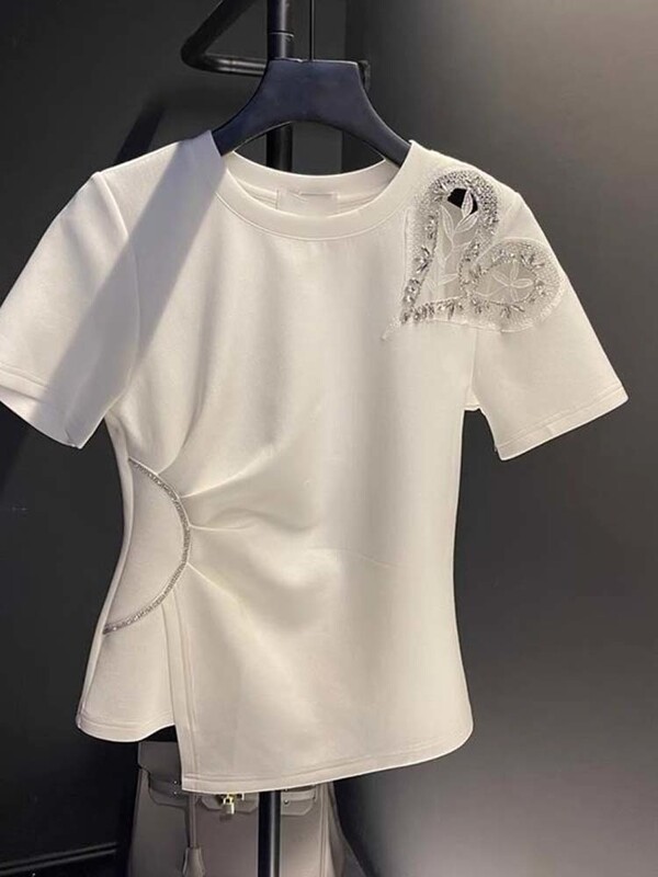 Salda vasara Jauni T-krekli Sieviešu raibs krokas Asimetrisks Crew Kakls Dobs Dimanti Plāni topi ar īsām piedurknēm