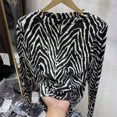 Design Sense Niche Sebra Print pikkade varrukatega naiste T-särk fliisi ja vananemist vähendava soolapõhjaga western stiilis