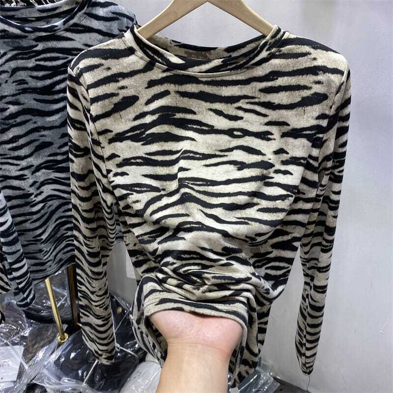 Design Sense Niche Sebra Print pikkade varrukatega naiste T-särk fliisi ja vananemist vähendava soolapõhjaga western stiilis