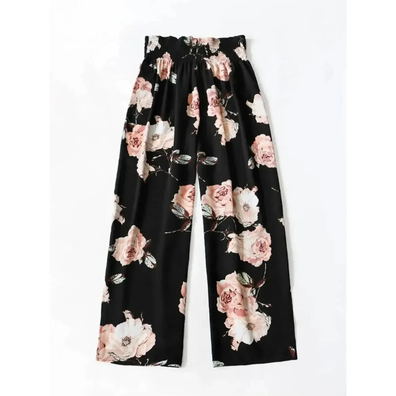 Sieviešu 1XL-5XL liela izmēra dinamiskas ziedu bikses ar platām kājām ar ērtu, elastīgu vidukli — vējains ikdienas vasaras apģērbs sievietēm