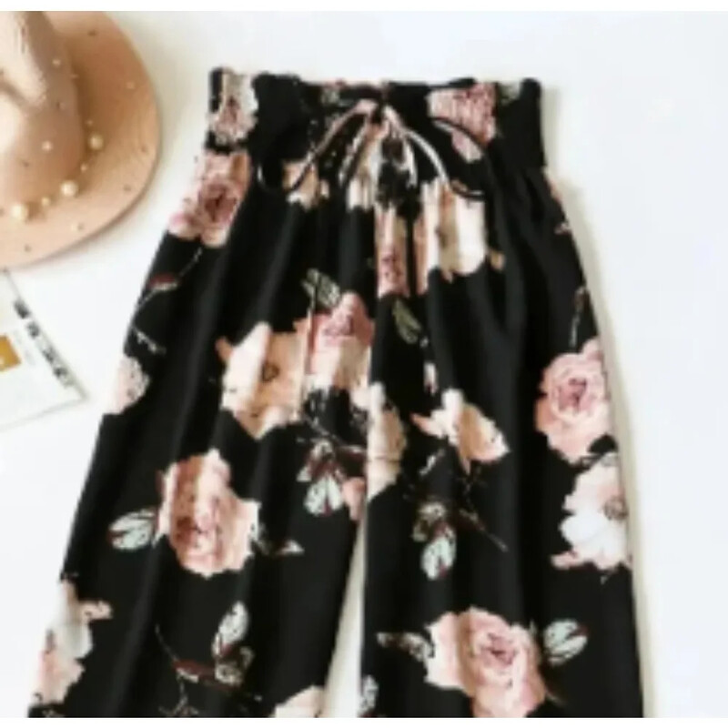 Sieviešu 1XL-5XL liela izmēra dinamiskas ziedu bikses ar platām kājām ar ērtu, elastīgu vidukli — vējains ikdienas vasaras apģērbs sievietēm