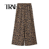 TRAF 2024 suvine uus naistemood, mitmekülgsed loomatrükiga elastsed vöökoha alaosa laiad püksid