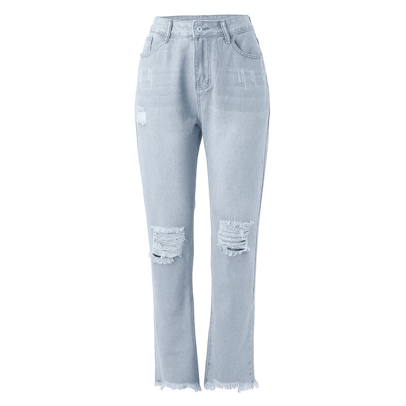 Ženske modne ravne traperice, ležerne ravne hlače visokog struka, poderane uske hlače za žene, modni trend 2024.