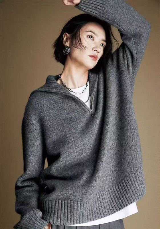 Sieviešu merino vilnas džemperis ar pusi rāvējslēdzēja apkakli, džemperis rudens ziemas ikdienišķs trikotāža vienkrāsains, regulāri sieviešu brīvi topi