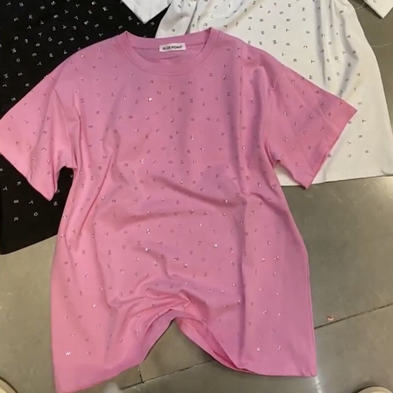 Neploe Simple Heavy Diamond lühikeste varrukatega T-särgid Y2k Moodne O-kaelusega lahtine T-särk 2024 Suvine uus roosa puuvillane tops naistele