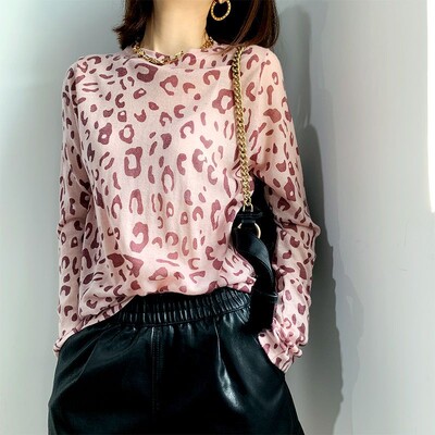 Sieviešu apģērbi Korejiešu modes Leoparda apdruka Šiks pamata trikotāžas T krekls Pavasaris Rudens Sieviešu ikdienišķs O Kakls Garām Piedurknēm Brīvi Topi