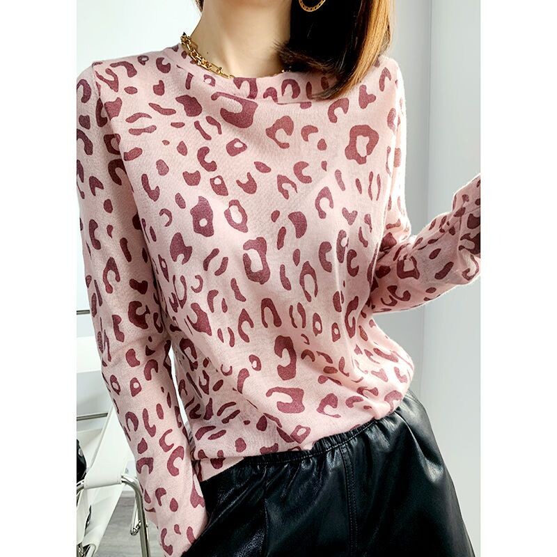 Sieviešu apģērbi Korejiešu modes Leoparda apdruka Šiks pamata trikotāžas T krekls Pavasaris Rudens Sieviešu ikdienišķs O Kakls Garām Piedurknēm Brīvi Topi