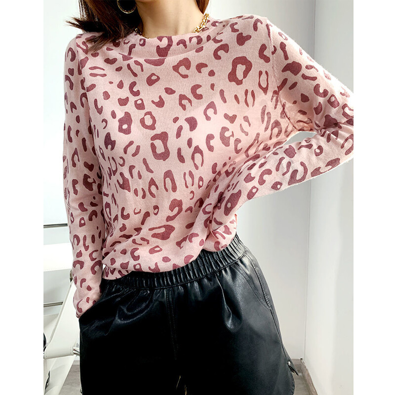 Sieviešu apģērbi Korejiešu modes Leoparda apdruka Šiks pamata trikotāžas T krekls Pavasaris Rudens Sieviešu ikdienišķs O Kakls Garām Piedurknēm Brīvi Topi