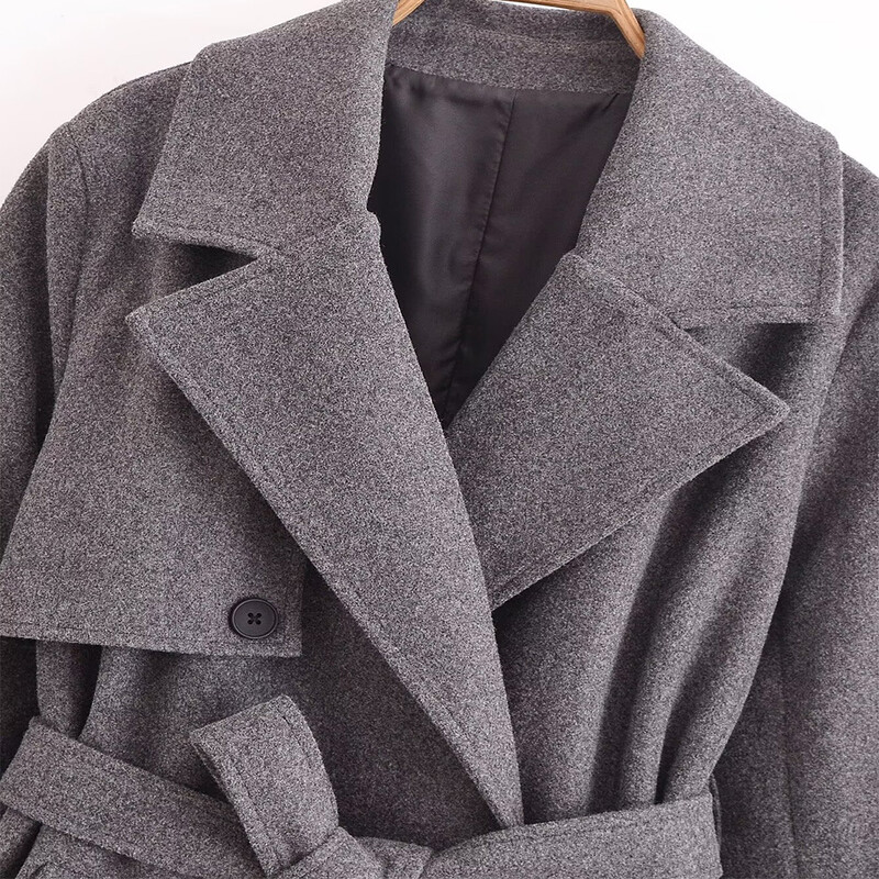 Eleganta pelēka krāsa, liela, noliekta apkakle ar dubultrindām garām piedurknēm, kabatas jostas dizaina sievietēm, brīvs, garš klasisks mētelis ZATAF jauns