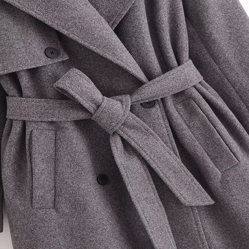 Eleganta pelēka krāsa, liela, noliekta apkakle ar dubultrindām garām piedurknēm, kabatas jostas dizaina sievietēm, brīvs, garš klasisks mētelis ZATAF jauns