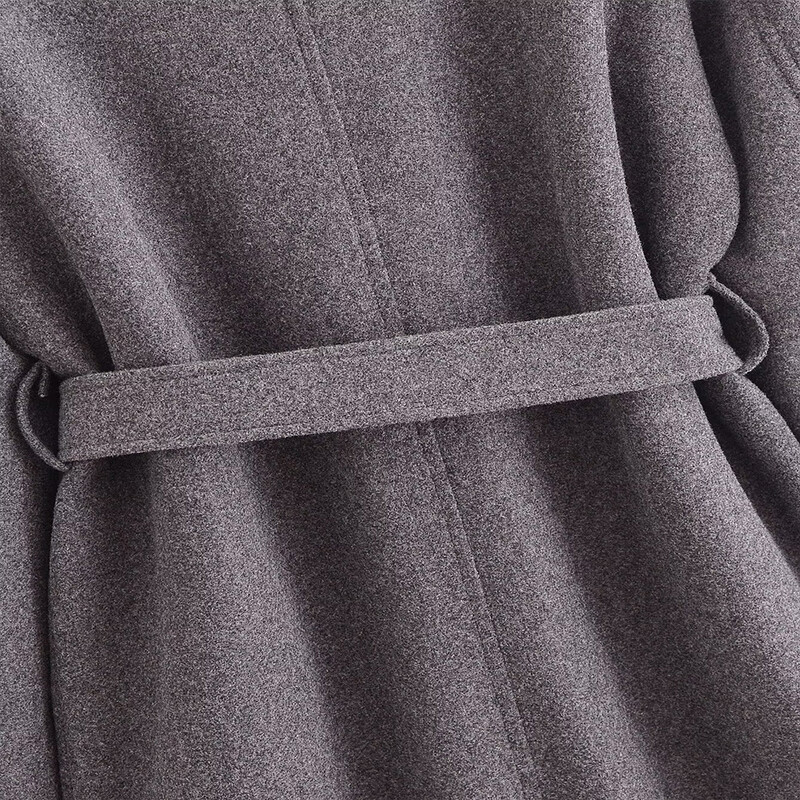 Eleganta pelēka krāsa, liela, noliekta apkakle ar dubultrindām garām piedurknēm, kabatas jostas dizaina sievietēm, brīvs, garš klasisks mētelis ZATAF jauns