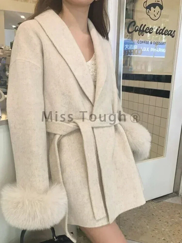 Korejiešu modes sievietēm jauns rudens ziemas daudzpusīgs Tvīda apmetnis brīvs mēteļa josta Augsta līmeņa aproču sajūta Apģērbs Ikdienas ielas apģērbs