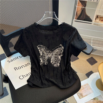 Ameerika stiilis liblikas aplikatsiooniga rebitud lühikeste varrukatega T-särk naiste suvine magus vürtsikas kitsas liibuv kihtsärk, kärbitud ülaosa